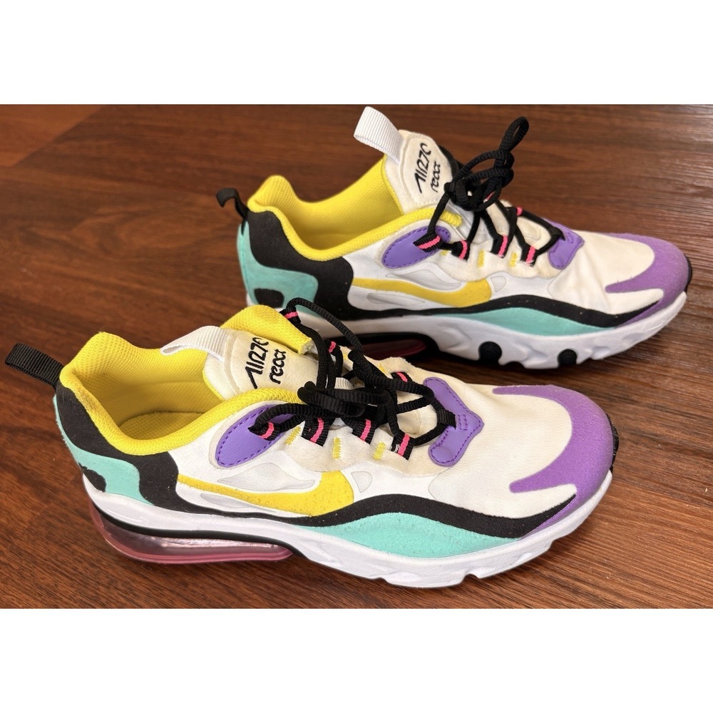 Nike‎ Air Max 270 React (GS) Girl's Size 6Y Running Shoes Bright Violet White